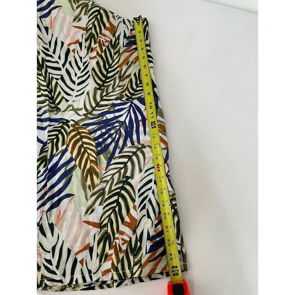 Tahari Size L 100% Linen Wide Leg Crop Pants Tropical Print Pull On